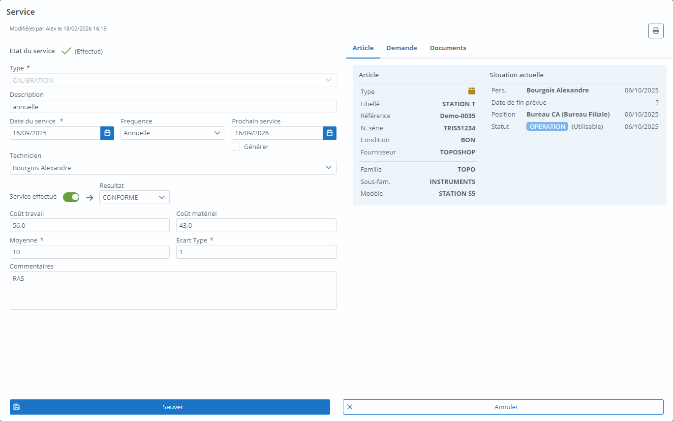 Fiche de service pour la maintenance